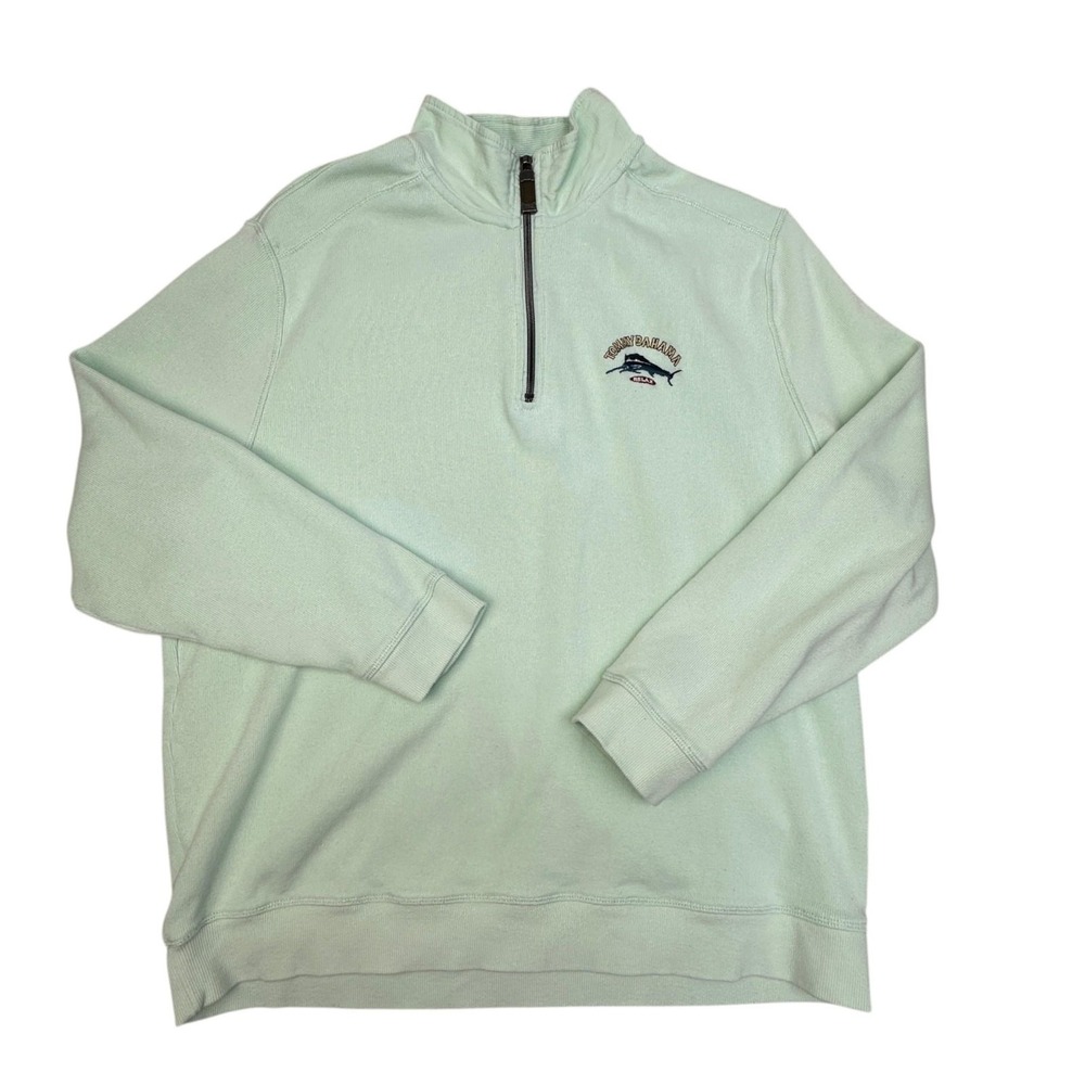 Tommy Bahama Sweatshirt Mens XL Green 1/4 Zip Relax Marlin Logo Cotton Pullover